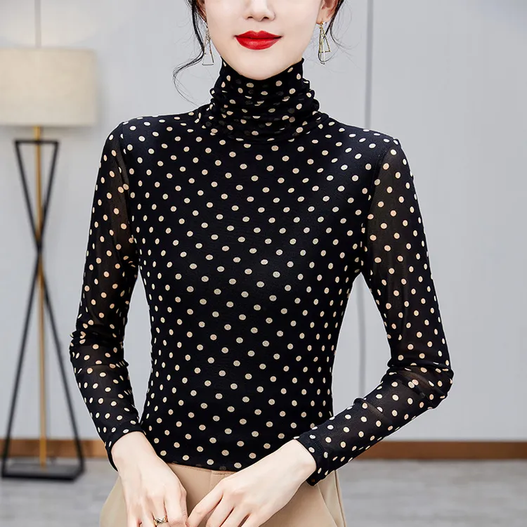 秋冬内搭网纱显瘦打底衫洋气T恤高领百搭印花洋气小衫女士上衣女