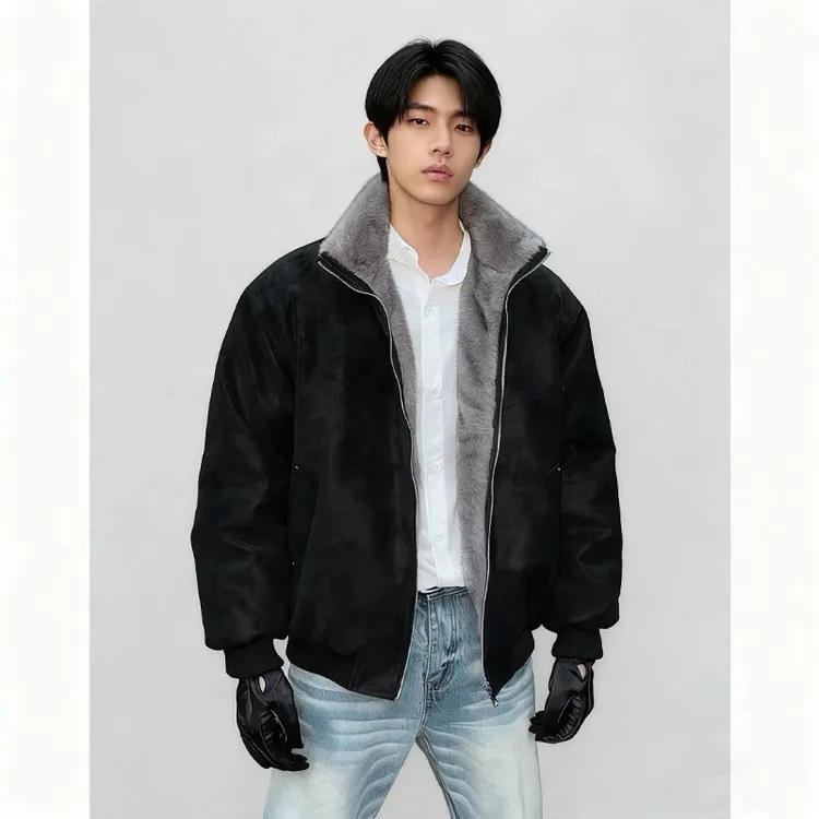 冬季仿双色貂毛重磅加绒保暖男士美式复古座山雕棉服加厚夹克外套