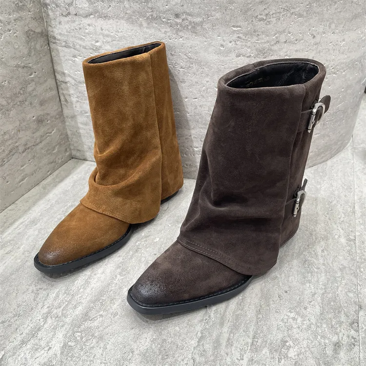 欧洲站2025秋季新品真皮女鞋时尚复古磨砂皮圆头粗跟套筒复古中靴