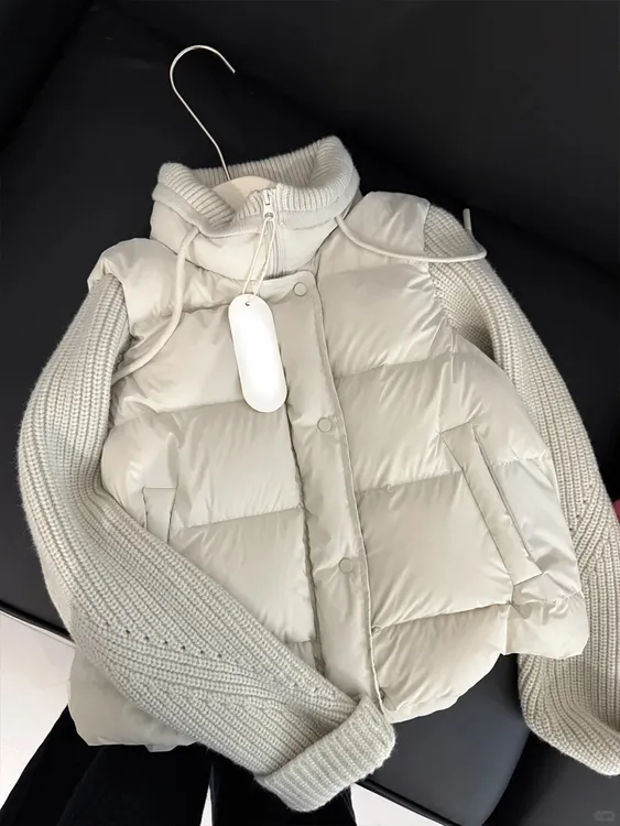 2025冬季新款大码时尚设计感立领抽绳针织袖拼接百搭短款棉服外套