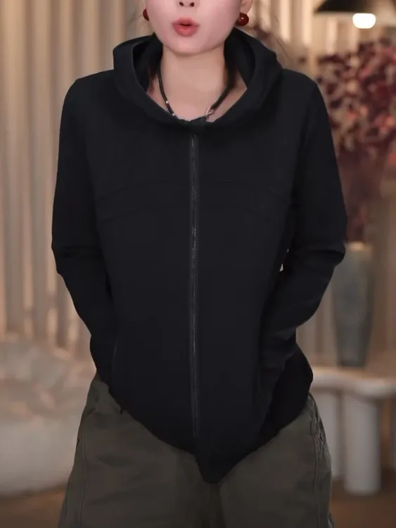 时尚简约纯色连帽长袖卫衣外套女2025早秋新款百搭休闲显瘦上衣潮