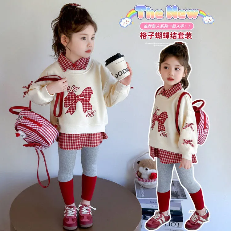 女宝宝蝴蝶结卫衣套装春秋款2025新款洋气韩版女童休闲运动两件套
