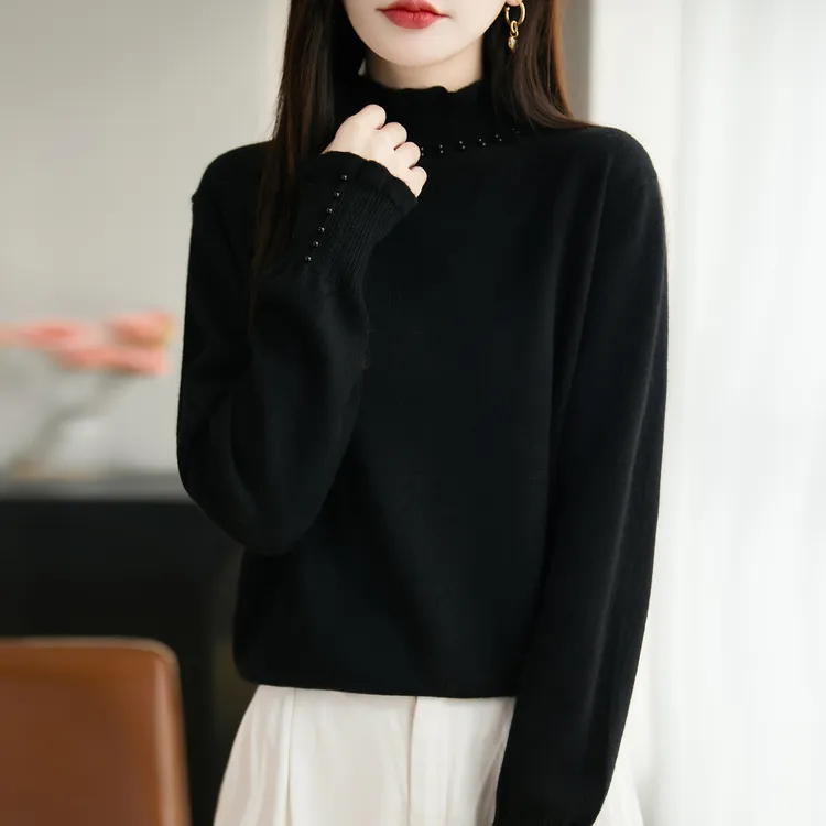 鄂尔斯市纯100羊毛衫秋冬新款黑色钉珠半高领宽松毛衣羊绒打底衫