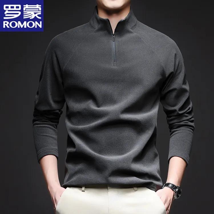 罗蒙秋冬季新款男士双面绒打底衫时尚半拉链立领德绒保暖长袖T恤