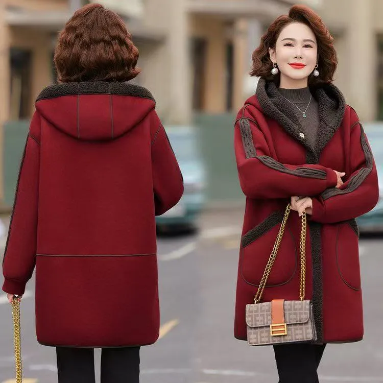 冬季双面穿加绒加厚女士外套中长款连帽妈妈装冬装中年妇女加大