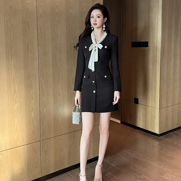 新款女装小香风气质蝴蝶结俏皮修身包臀黑色连衣裙61136