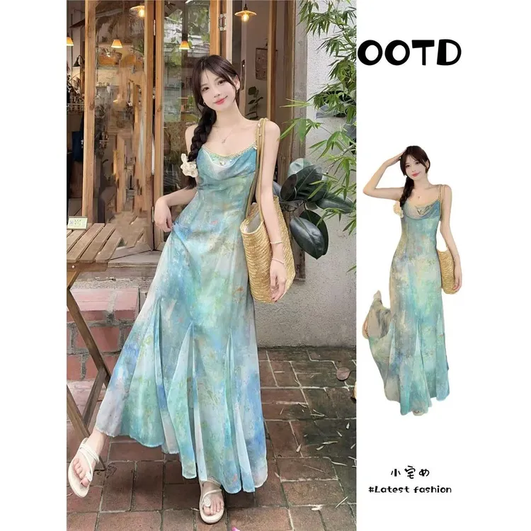 法式晕染超仙连衣裙女夏季海边度假裙子气质收腰法式渐变鱼尾长裙