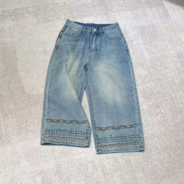 【陈陈私服】气质时尚垂感显瘦设计感刺绣下摆休闲牛仔裤25052701