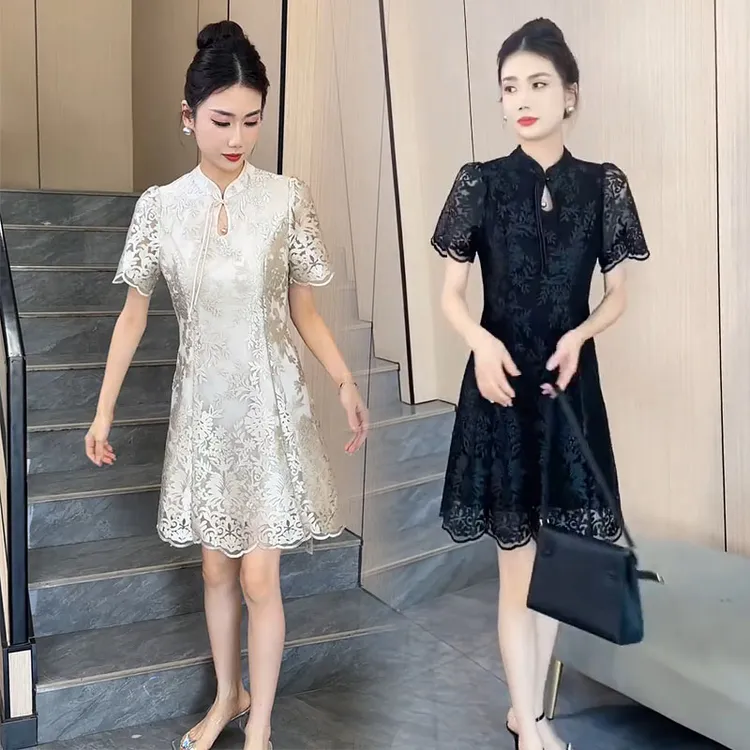 旗袍裙女2024夏季新款气质名媛修身国风高档新中式盘扣蕾丝连衣裙