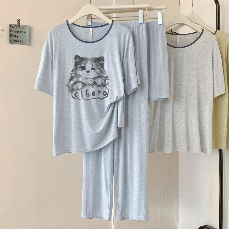 卡通可爱小猫咪莫代尔短袖长裤睡衣女套装夏季圆领薄款透气家居服