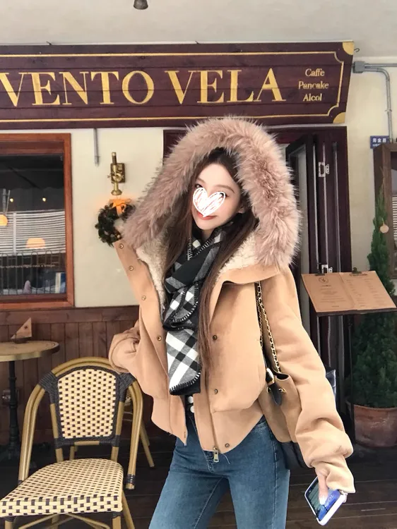 【自由行者】美式简约复古气质修身显瘦保暖加绒百搭大毛领短外套女