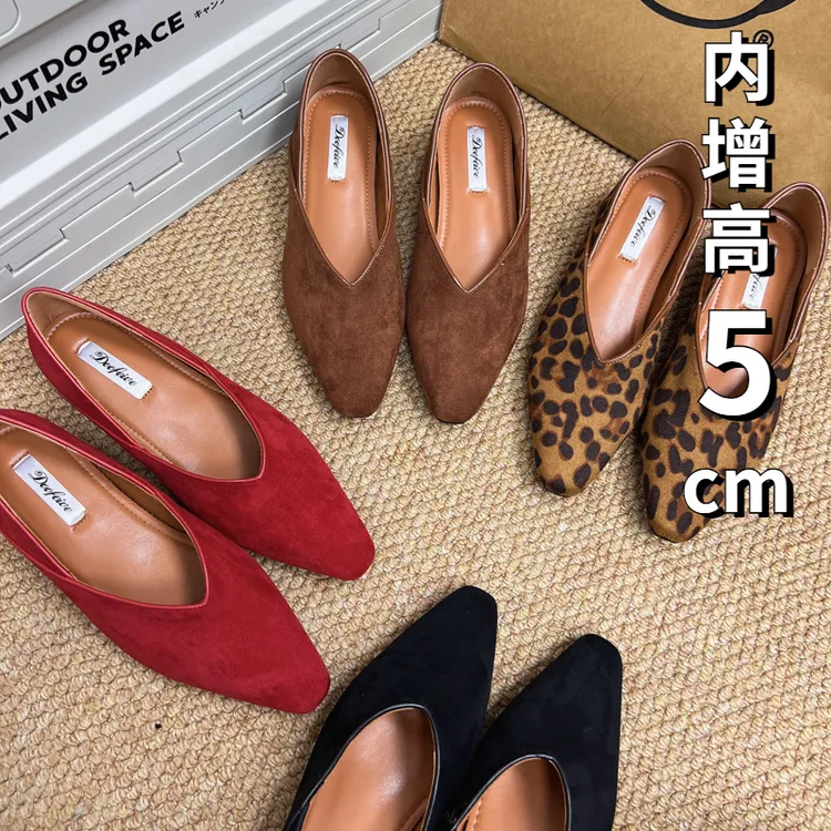 小个子增高5cm豹纹法式方头秋冬通勤两穿平底单鞋女时尚奶奶鞋