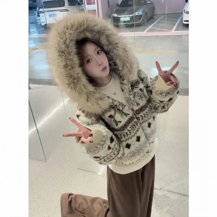 【栗子】费尔岛复古撞色连帽时尚上衣超大毛领保暖加绒加厚百搭外套