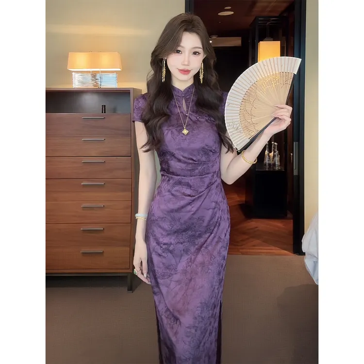 凌茜恣禾【紫陌】国风新中式紫色印花缎面裙温婉优雅气质高级感旗袍