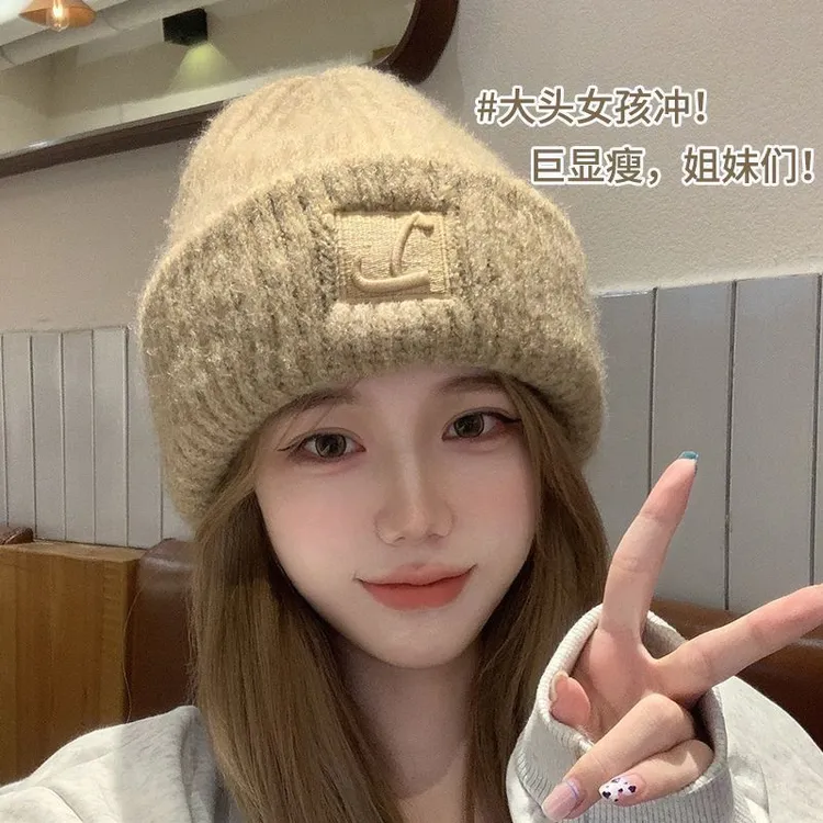 毛线帽女韩板刺绣羊毛针织帽大头围加厚包头冷帽秋冬季保暖护耳帽