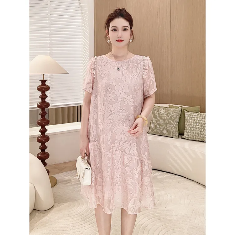 【超薄粉纱珠梦】MsShe大码女装2025新款夏装显瘦连衣裙S~E2507012