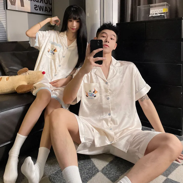 网红情侣睡衣女夏季冰丝凉感短袖短裤简约高级感男士家居服套装