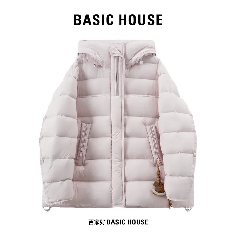Basic House/百家好排骨羽绒服女2025冬季白鸭绒保暖连帽百搭外套
