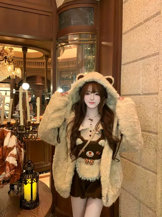 【萌熊出没】冬季甜美可爱萌系小熊设计甜美外套长袖内搭背带裤套装