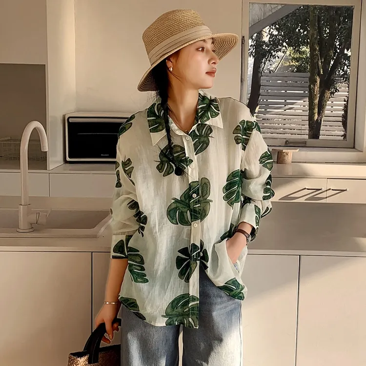 韩版甜美莱赛尔花衬衣上衣时尚宽松显瘦休闲百搭复古薄款防晒衬衫