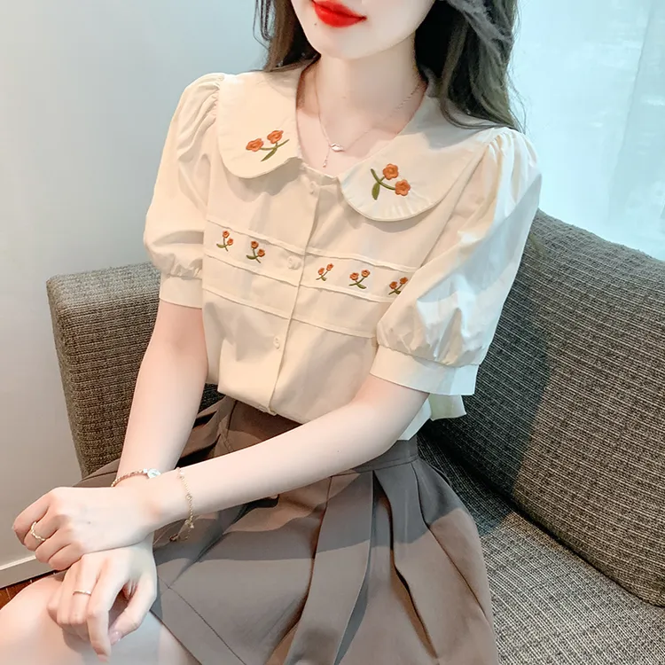 2025法式洋气短袖娃娃领刺绣显瘦衬衫女温柔气质简约衣