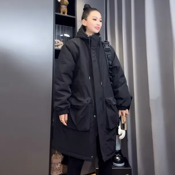 秋冬新款棉衣女中长款宽松休闲大口袋加厚外套情侣连帽百搭棉服