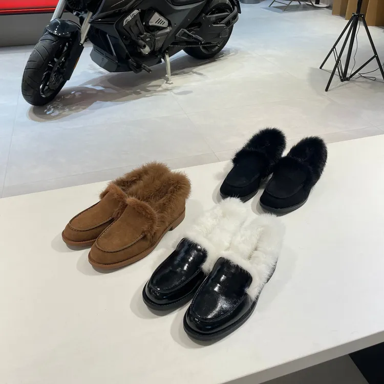 牛皮版~新款加绒小香风乐福鞋女一脚蹬保暖毛毛鞋子懒人平底单鞋