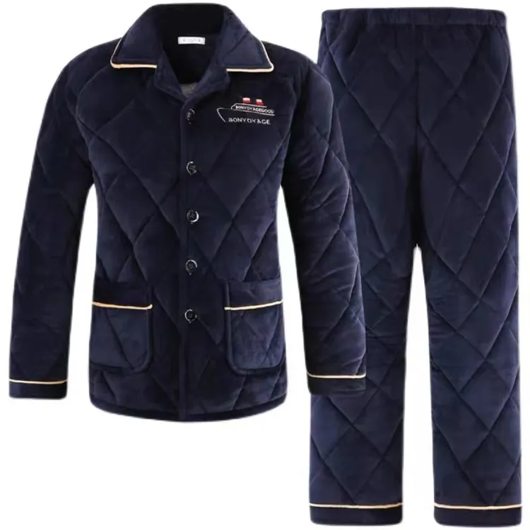 男士睡衣秋冬加厚加绒保暖三层夹棉中老年爸爸珊瑚绒家居服套装