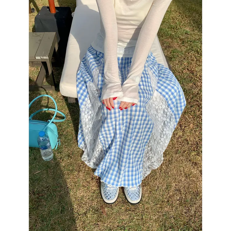 现货【谢不肉】格纹拼接蕾丝气质宽松设计感休闲显瘦百搭半裙5493