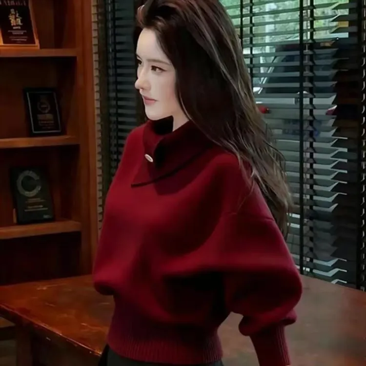 2025秋冬韩系高知老钱风轻熟设计感软糯慵懒橘色高领打底针织衫女