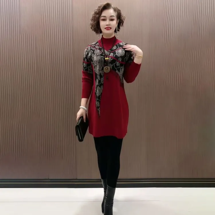 H春季美衣妈妈时尚洋气半高领针织衫宽松遮肉时尚弹力中长款打底