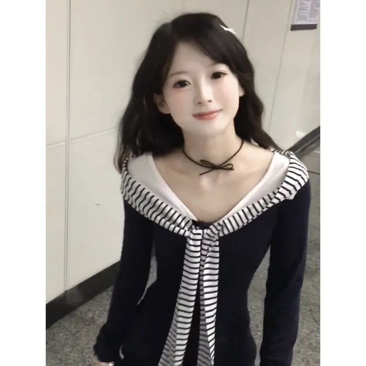 韩系设计感海军领条纹长袖t恤女秋季收腰显瘦内搭撞色假两件上衣