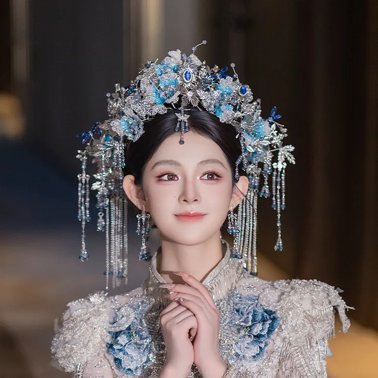 合金婚庆饰品 超仙新娘重工华丽银蓝色蝴蝶花朵流苏秀禾头饰G0314