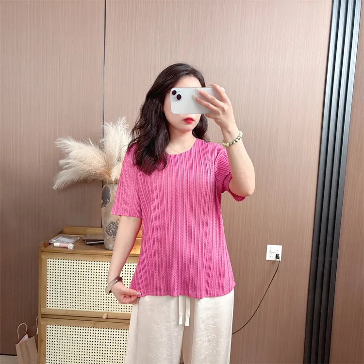 【三宅】短袖圆领T恤夏季透气宽松高端洋气上衣显瘦气质妈妈装