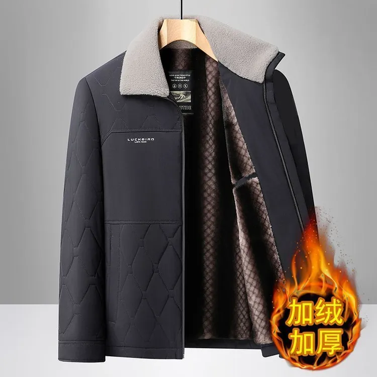 新款中年男装冬季加绒休闲保暖棉服爸爸时尚宽松外套短款翻领棉衣