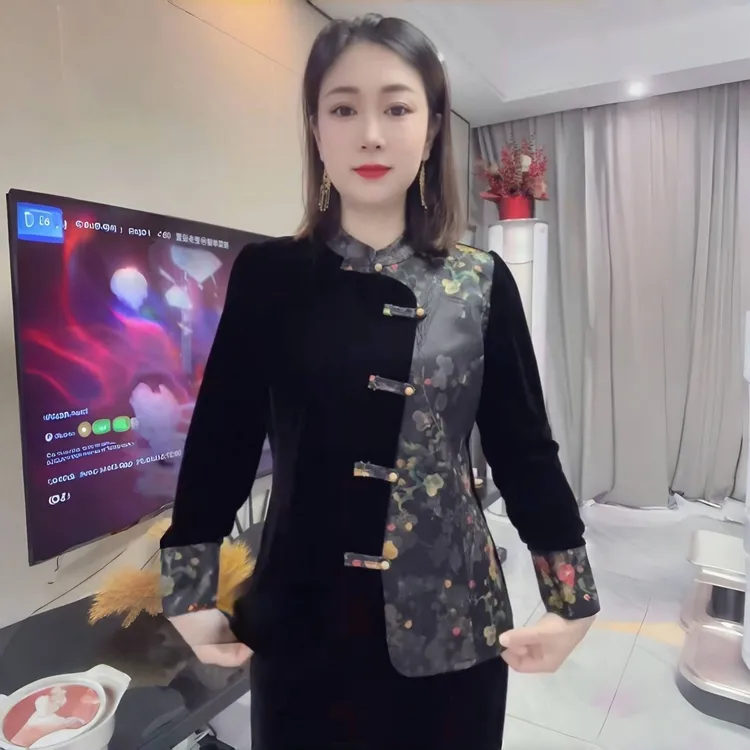 中老年国风盘扣丝绒长袖立领衬衫秋冬新款妈妈中式拼接旗袍衫上衣