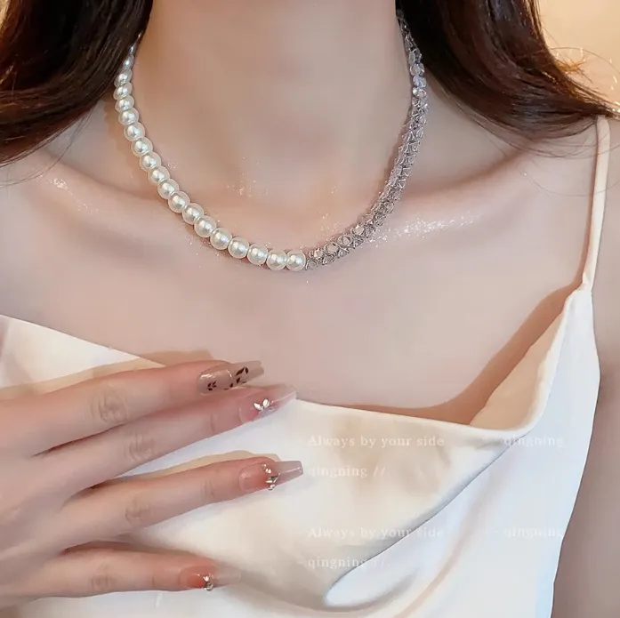合金项链 拼接水晶珍珠女款2025新款高级感轻奢锁骨链气质颈链