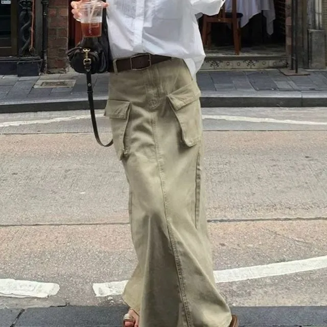 美式复古宽松显瘦百搭长裙女夏新款纯色后开叉工装风口袋牛仔裙子