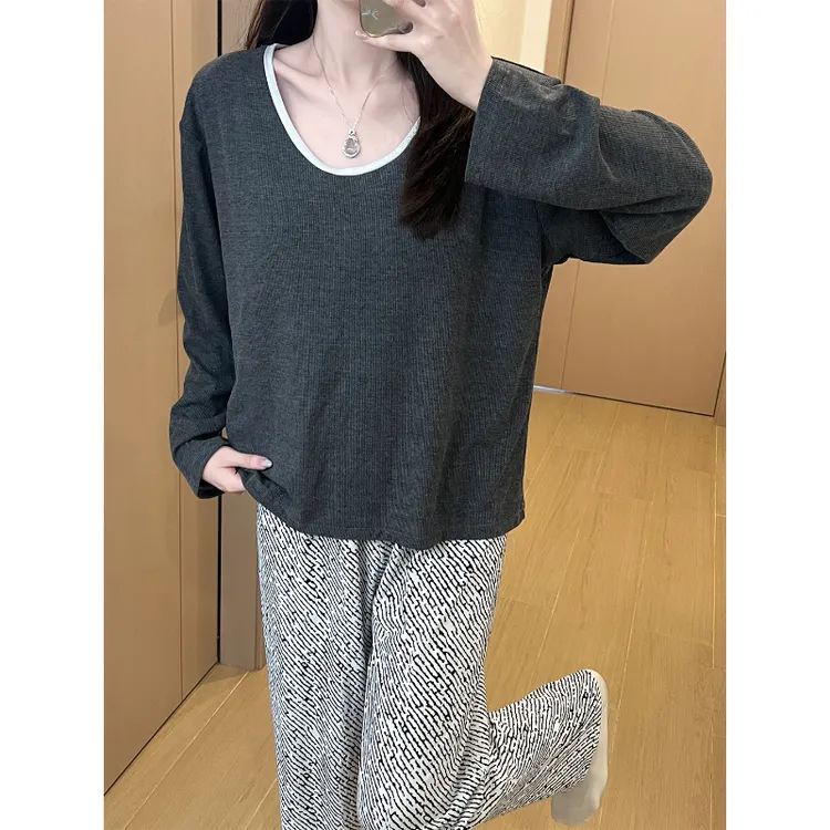 Meng luan/梦鸾带胸垫休闲睡衣女韩系简约风高级感长袖长裤家居服