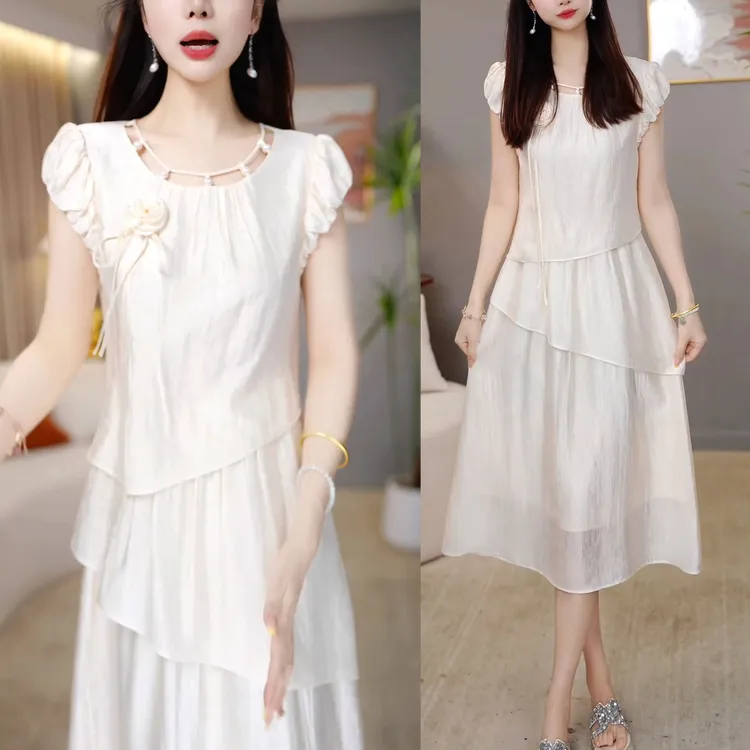 时尚假两件短袖连衣裙女2025夏季新款法式设计感拼接中长款休闲裙