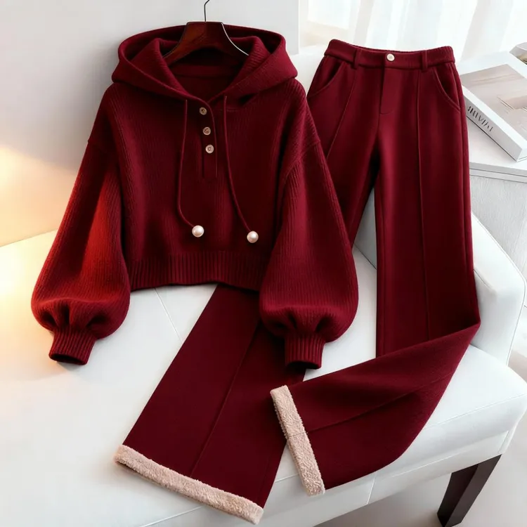 酒红色轻熟风时尚气质连帽针织卫衣女秋冬季新款高腰阔腿裤两件套