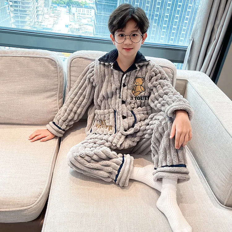 儿童装男童睡衣秋冬款冬季加绒珊瑚绒法兰绒加厚家居服中大童男孩