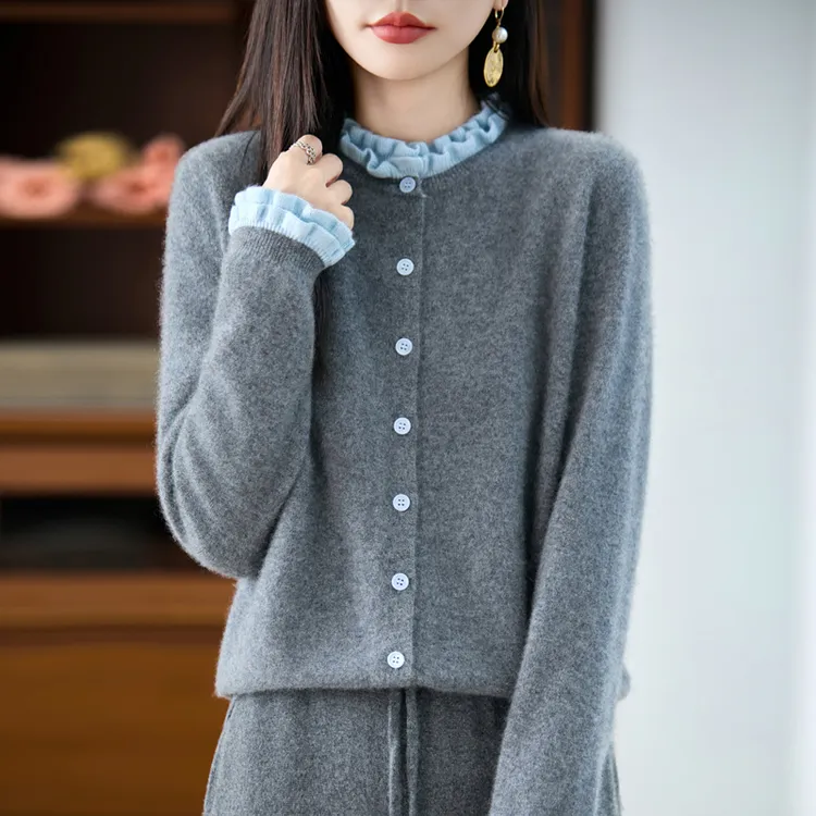 羊毛针织衫百搭长袖厚款花瓣袖时尚针织毛针织衫拼接