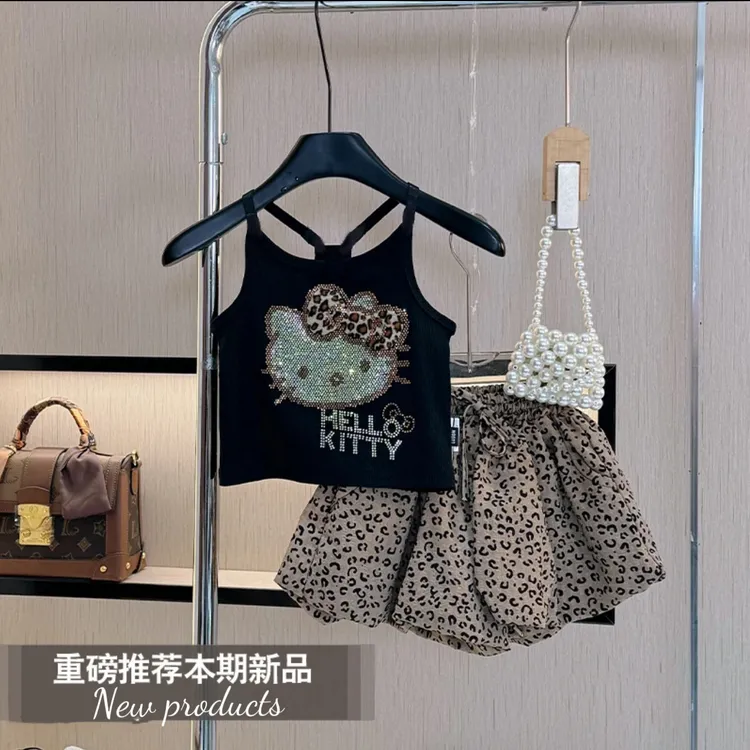 女童夏季新款背心套装洋气女宝宝卡通吊带豹纹短裤两件套