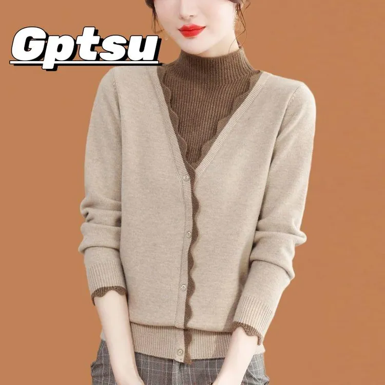 GPTSu假两件拼接毛衣女秋半高领内搭打底上衣洋气宽松保暖针织衫
