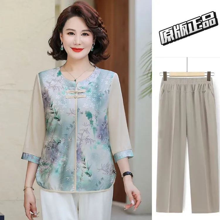 2025新款妈妈装奢美中国风夏季透气洋气时尚中老年两件套衬衫衣服