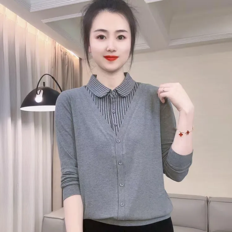 新款螺纹棉衬衫领假两件条纹款
