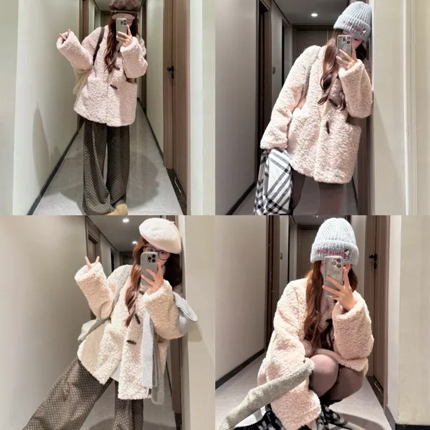 【两色棉花糖】 糯叽叽甜美宽松立领牛角扣皮毛一体女中长款外套