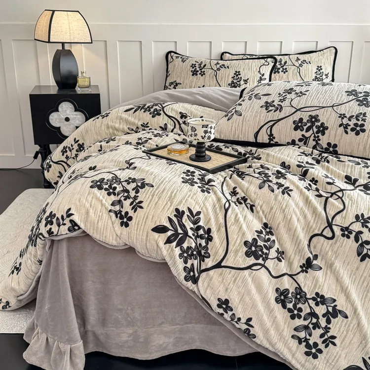 复古格调保暖加厚全消光高克重浮雕牛奶绒包边四件套-叶语悠然