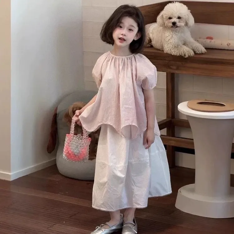 2025夏季女童蕾丝花边两件套女宝宝娃娃衫上衣儿童洋气花苞半身裙